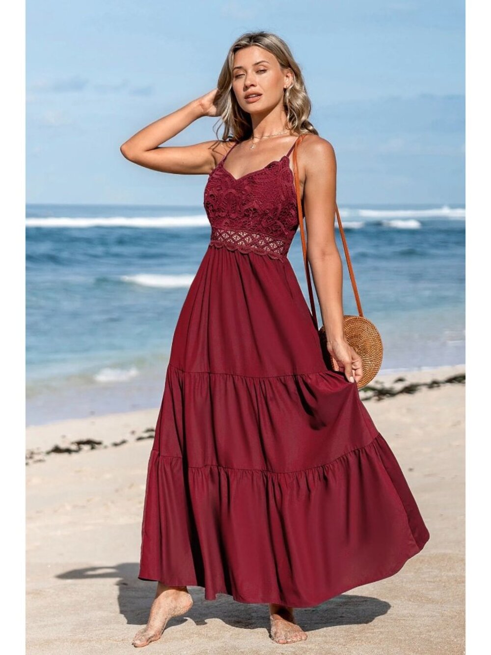 NWT Cupshe Burgundy Crimson V-Neck Lace Bodice Sleeveless Maxi Dress - Medium